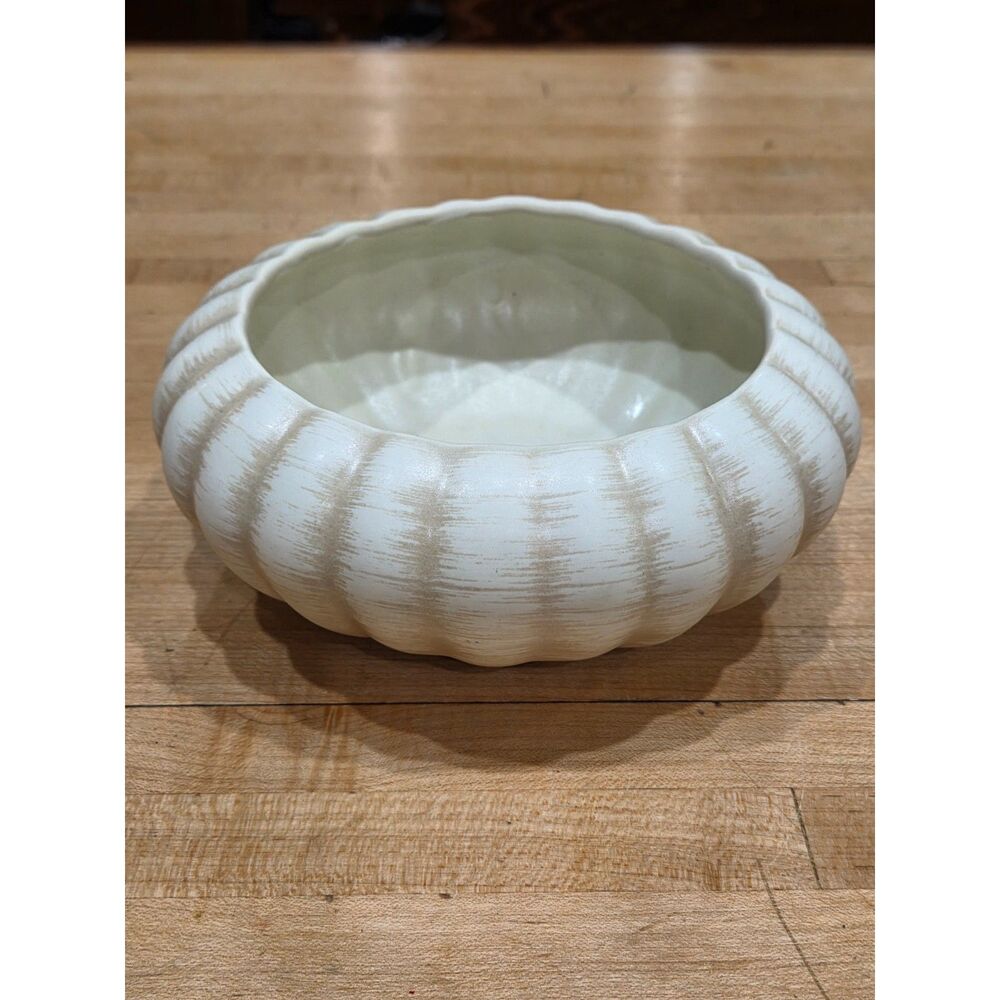 Vintage MCM White Ribbed Pumpkin Ceramic Planter Bowl Gourd Melon Pot
